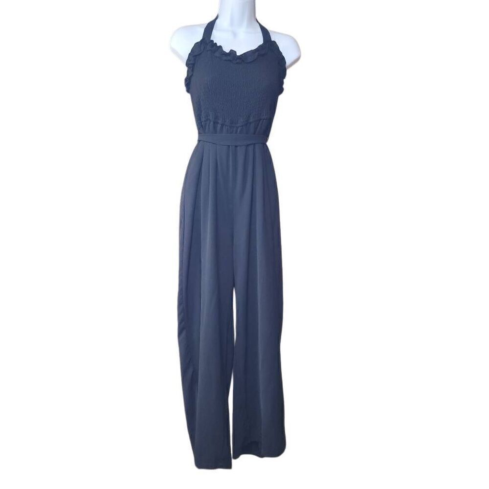 Zexxxy Size 2XL Summer Casual Smocked Pleated Jumpsuit Ruffle Soft Wide Pant Rom